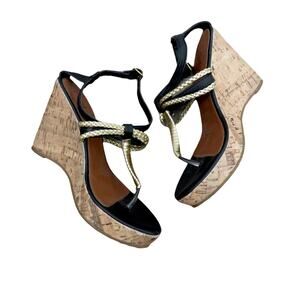 Y2k Black & Gold Braided Espadrilles Cork Wedge Size 7.5 Chunky